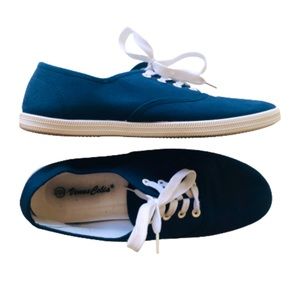 Vintage 90s Navy Blue Canvas Tennis Shoes White Lace Flat Rubber Sole Size 10